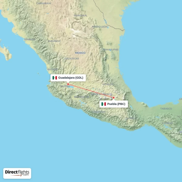 Puebla - Guadalajara direct flight map