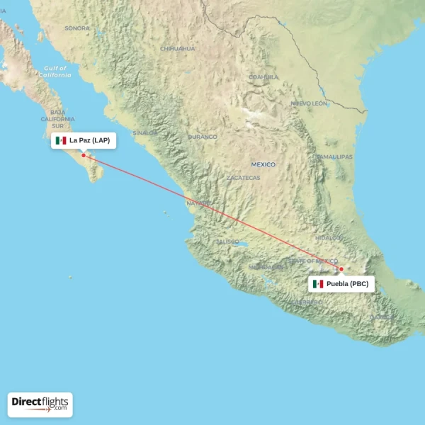 Puebla - La Paz direct flight map