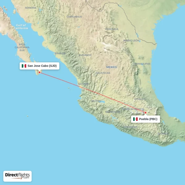 Puebla - San Jose Cabo direct flight map
