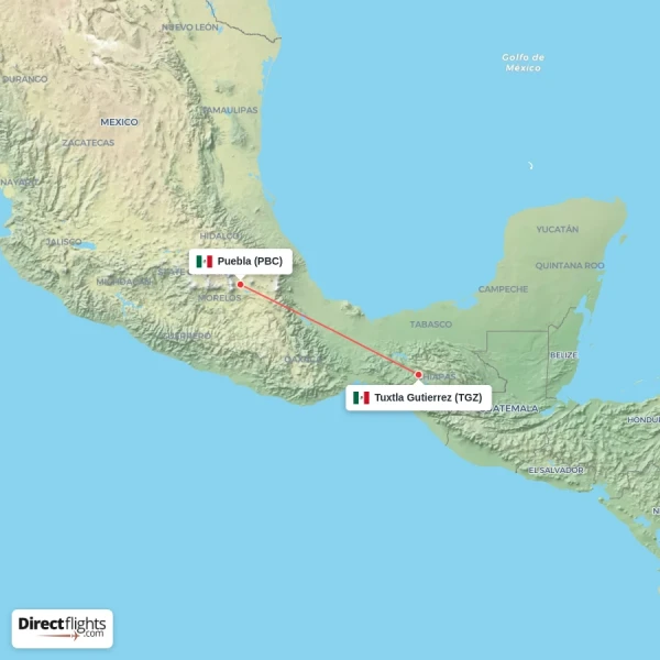 Puebla - Tuxtla Gutierrez direct flight map