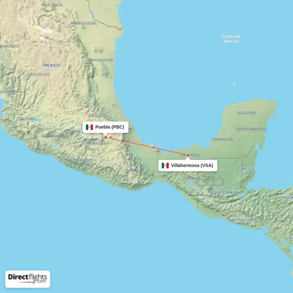 Puebla - Villahermosa direct flight map