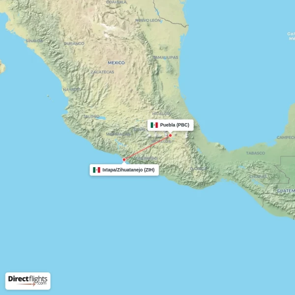 Puebla - Ixtapa/Zihuatanejo direct flight map