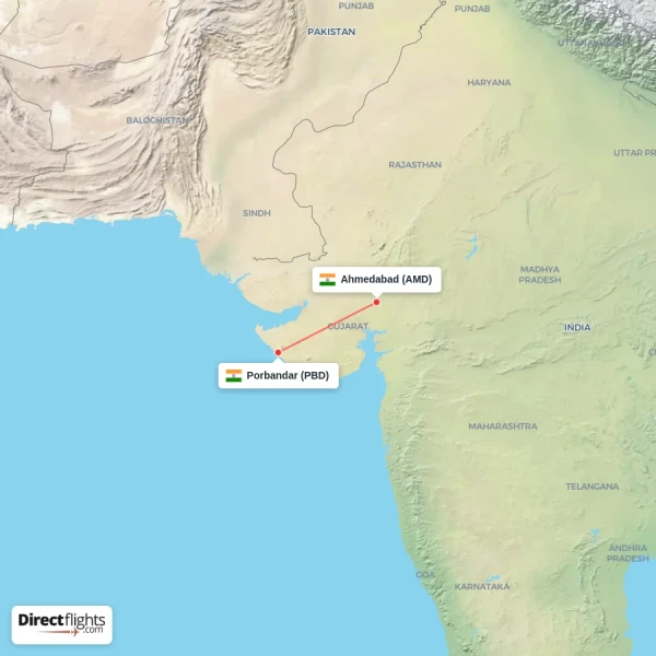 Porbandar - Ahmedabad direct flight map