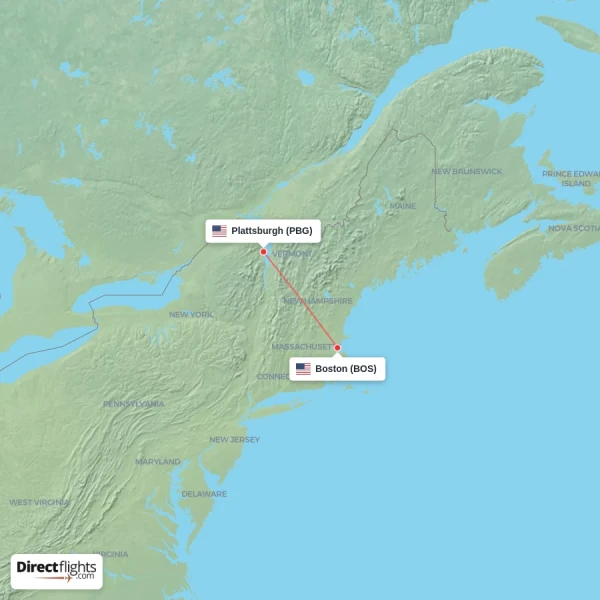 Plattsburgh - Boston direct flight map
