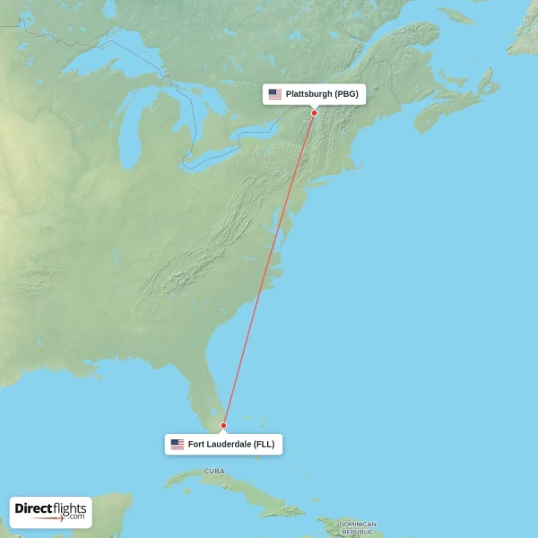 Plattsburgh - Fort Lauderdale direct flight map