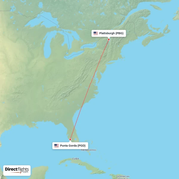 Plattsburgh - Punta Gorda direct flight map