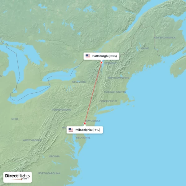 Plattsburgh - Philadelphia direct flight map
