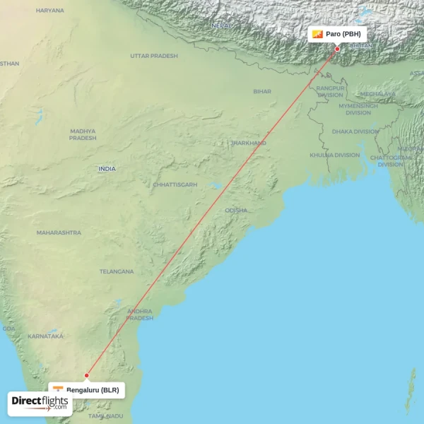Paro - Bengaluru direct flight map