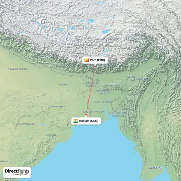 Paro - Kolkata direct flight map