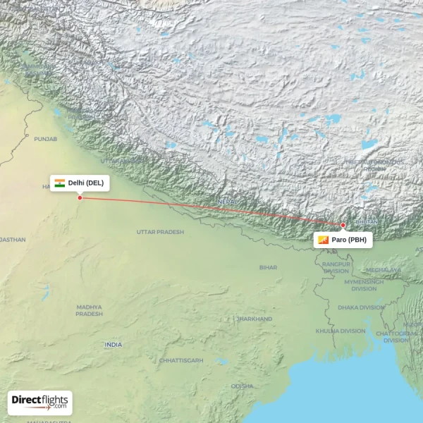 Paro - Delhi direct flight map