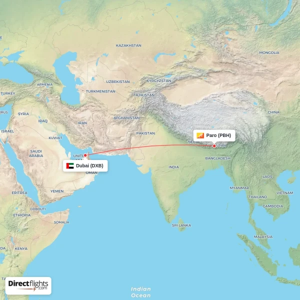 Paro - Dubai direct flight map