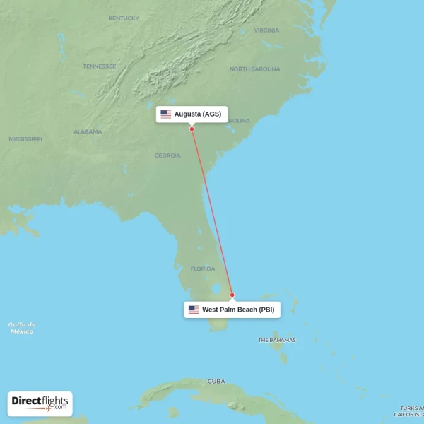 West Palm Beach - Augusta direct flight map
