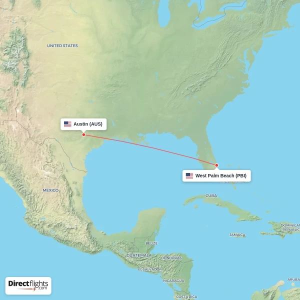 West Palm Beach - Austin direct flight map