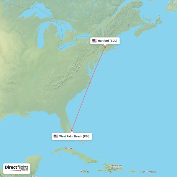 West Palm Beach - Hartford direct flight map