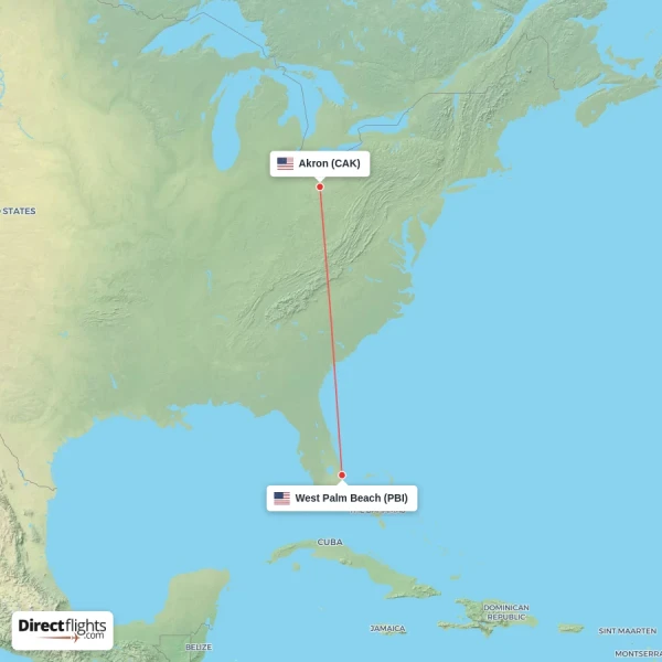 West Palm Beach - Akron direct flight map