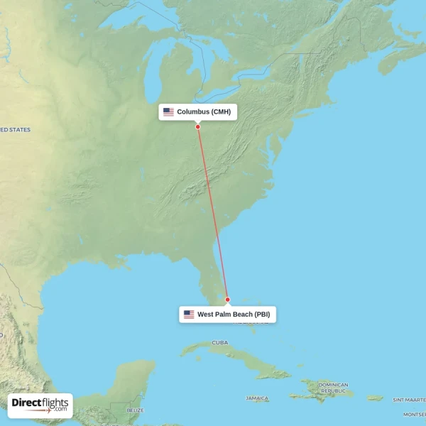 West Palm Beach - Columbus direct flight map