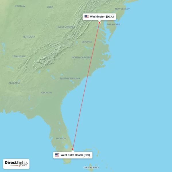 West Palm Beach - Washington direct flight map