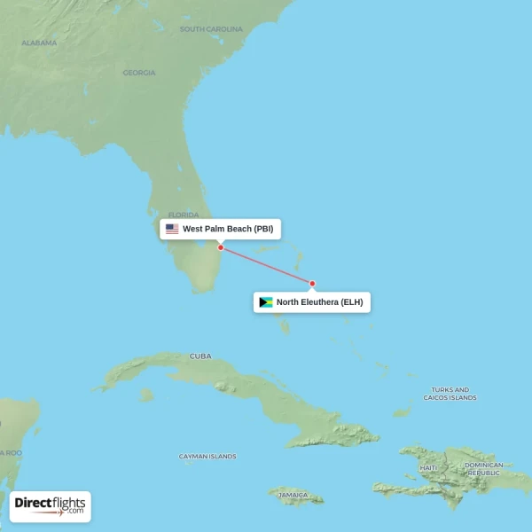 West Palm Beach - North Eleuthera direct flight map