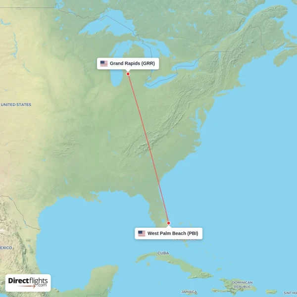 West Palm Beach - Grand Rapids direct flight map