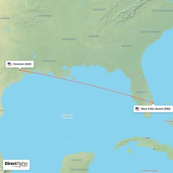 West Palm Beach - Houston direct flight map