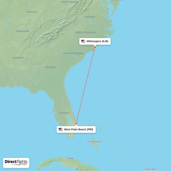West Palm Beach - Wilmington direct flight map