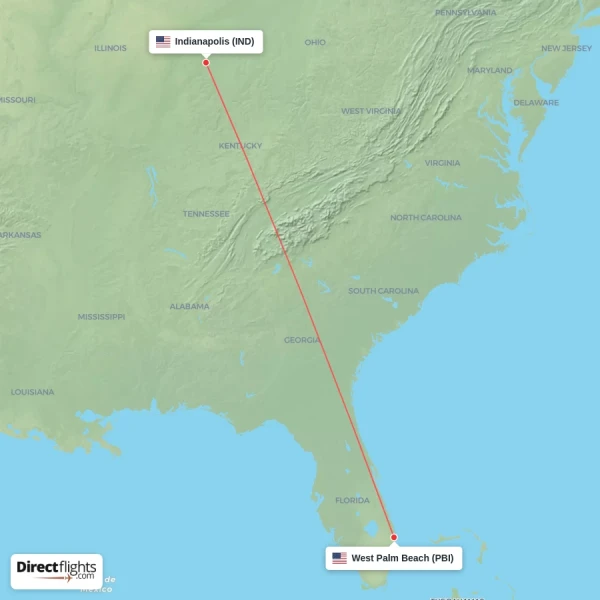 West Palm Beach - Indianapolis direct flight map