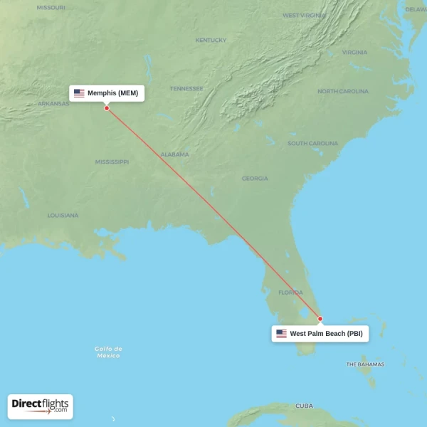 West Palm Beach - Memphis direct flight map
