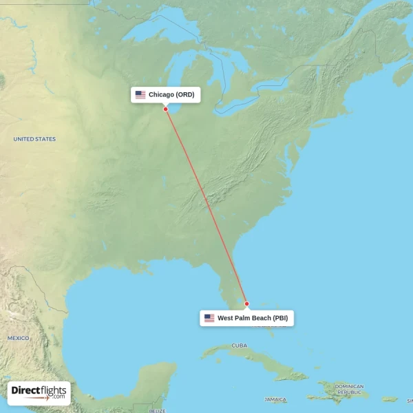 West Palm Beach - Chicago direct flight map
