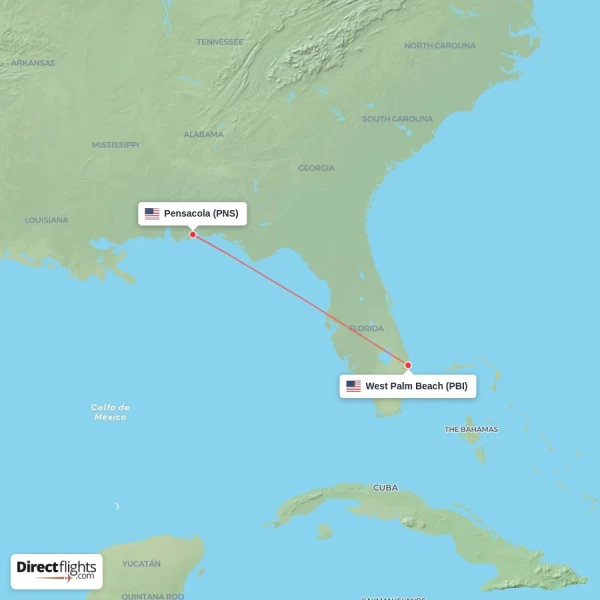 West Palm Beach - Pensacola direct flight map