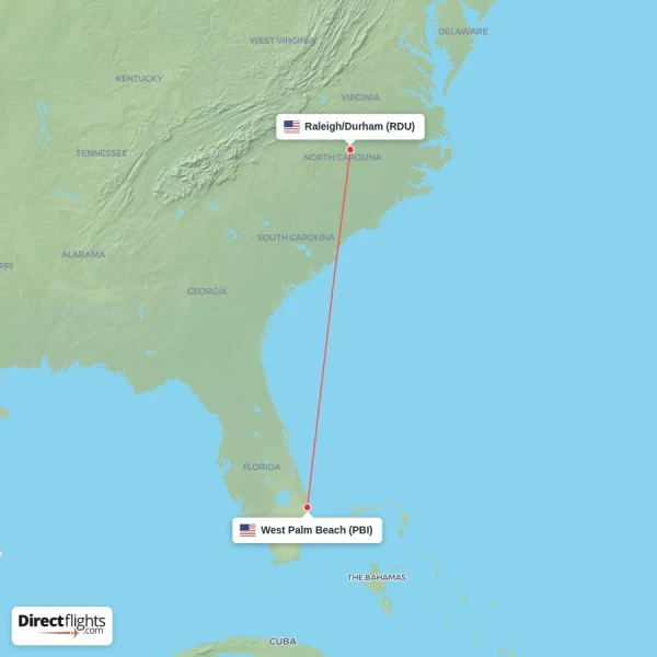 West Palm Beach - Raleigh/Durham direct flight map