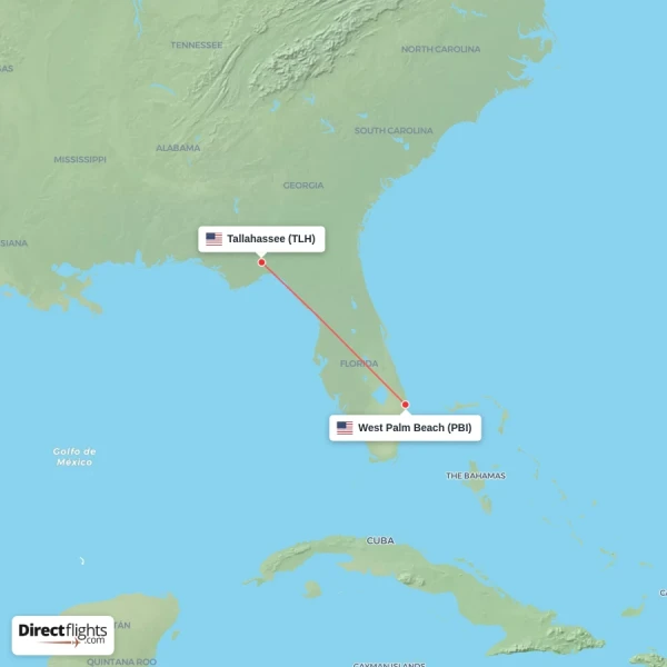 West Palm Beach - Tallahassee direct flight map