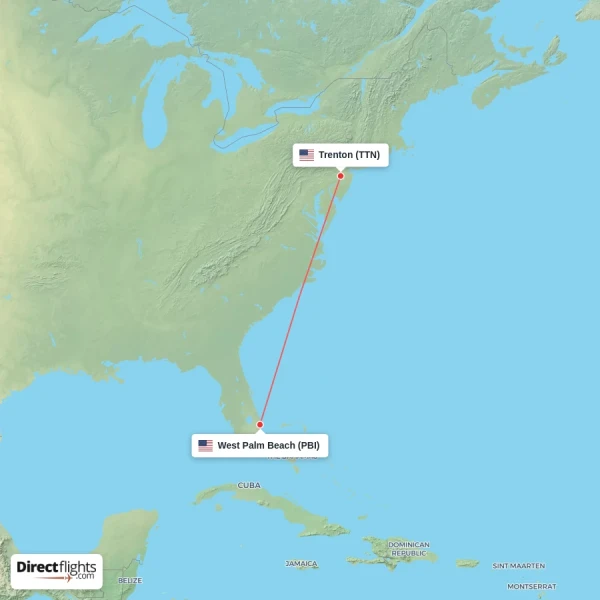 West Palm Beach - Trenton direct flight map