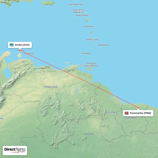 Paramaribo - Aruba direct flight map