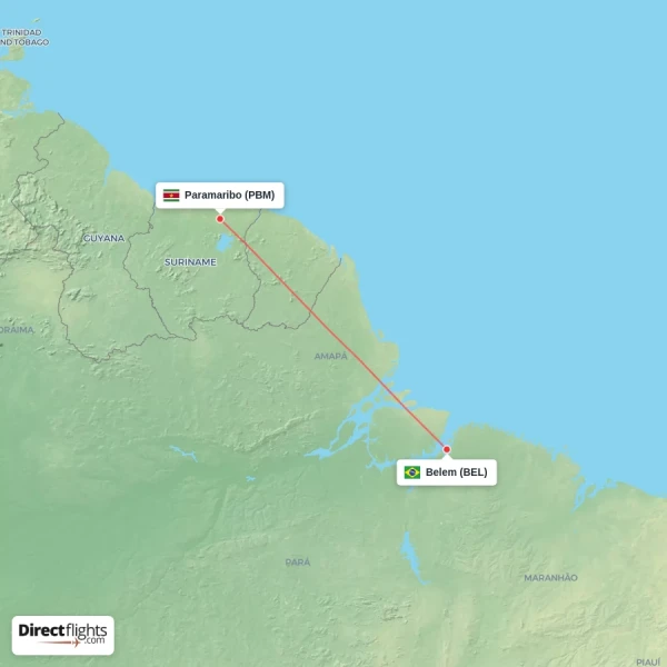 Paramaribo - Belem direct flight map