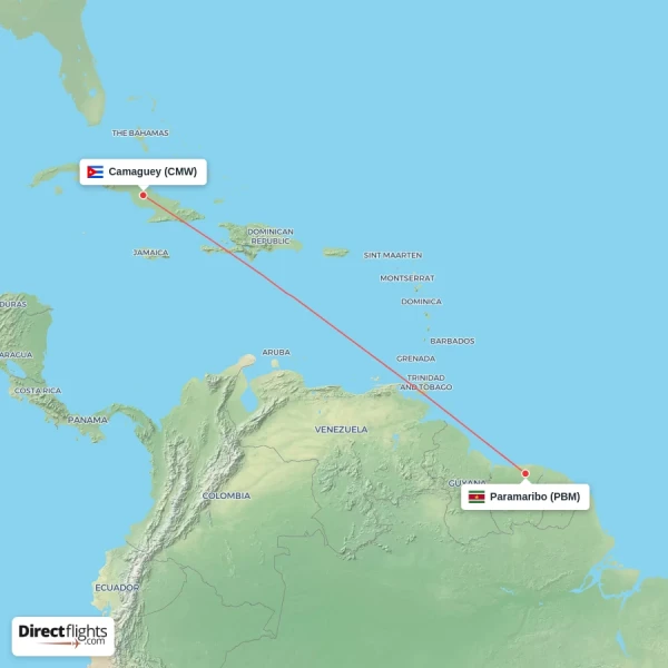 Paramaribo - Camaguey direct flight map
