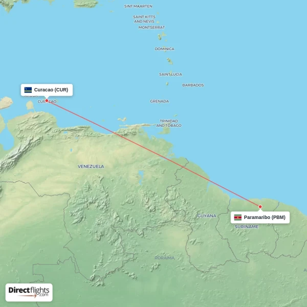 Paramaribo - Curacao direct flight map