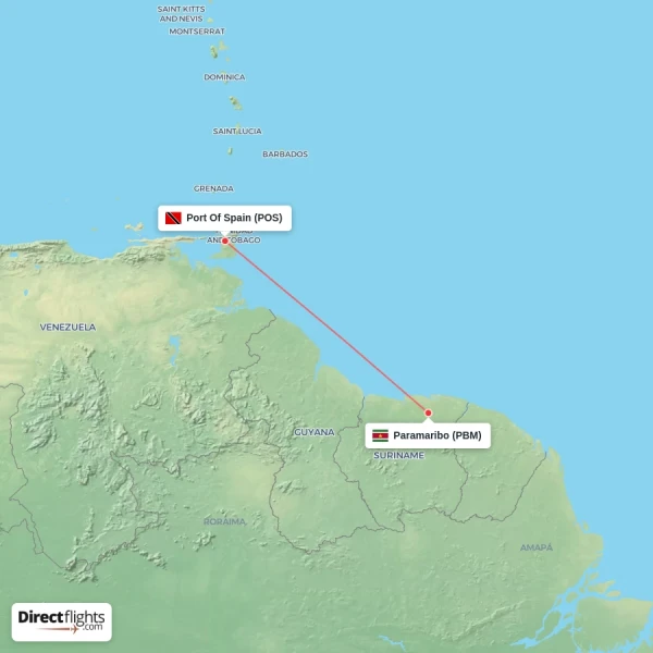 Paramaribo - Port Of Spain direct flight map