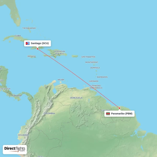 Paramaribo - Santiago direct flight map