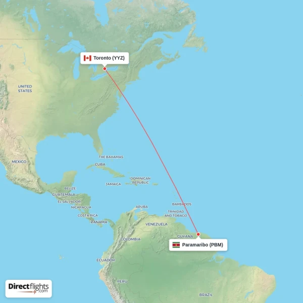 Paramaribo - Toronto direct flight map