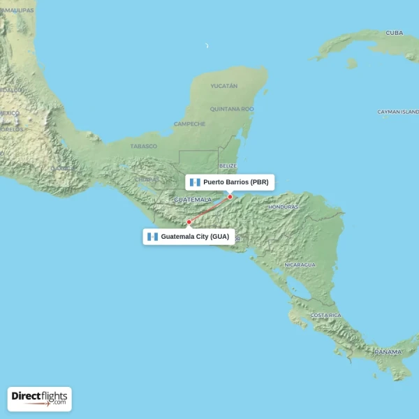 Puerto Barrios - Guatemala City direct flight map