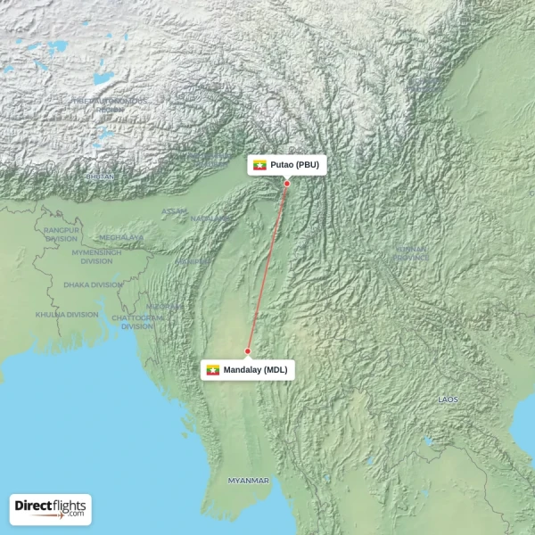 Putao - Mandalay direct flight map