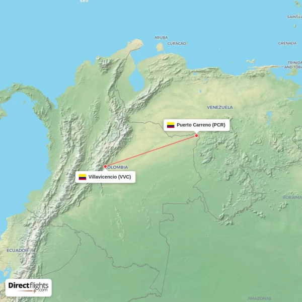Puerto Carreno - Villavicencio direct flight map