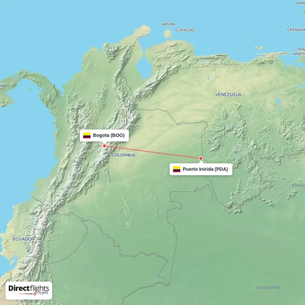 Puerto Inirida - Bogota direct flight map