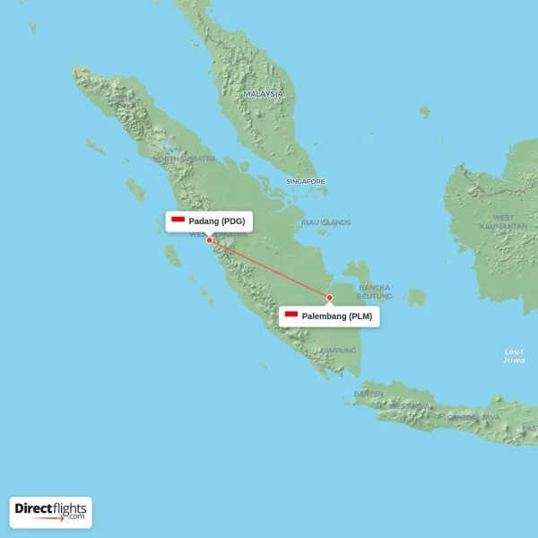 Padang - Palembang direct flight map