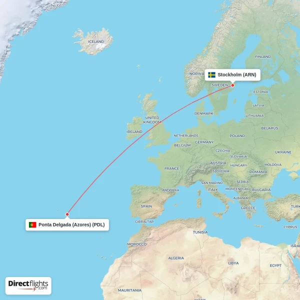 Ponta Delgada (Azores) - Stockholm direct flight map