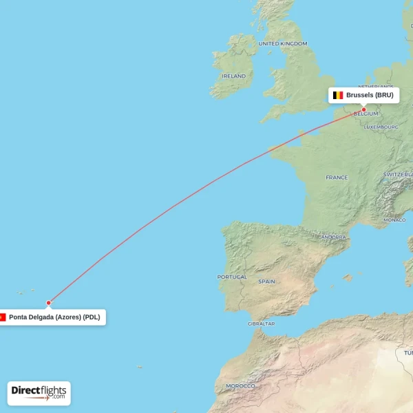 Ponta Delgada (Azores) - Brussels direct flight map