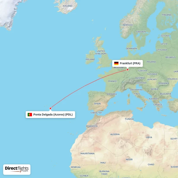 Ponta Delgada (Azores) - Frankfurt direct flight map