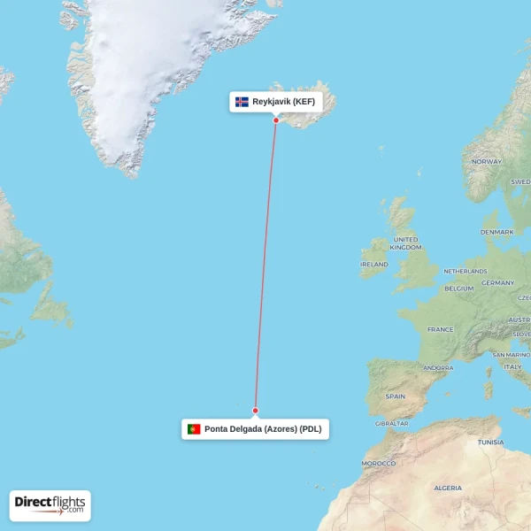 Ponta Delgada (Azores) - Reykjavik direct flight map
