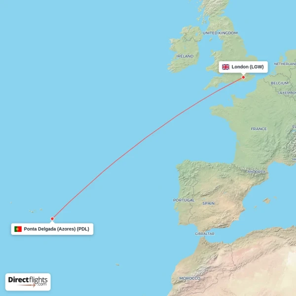 Ponta Delgada (Azores) - London direct flight map