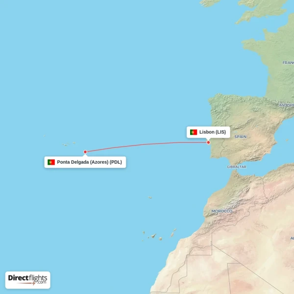 Ponta Delgada (Azores) - Lisbon direct flight map